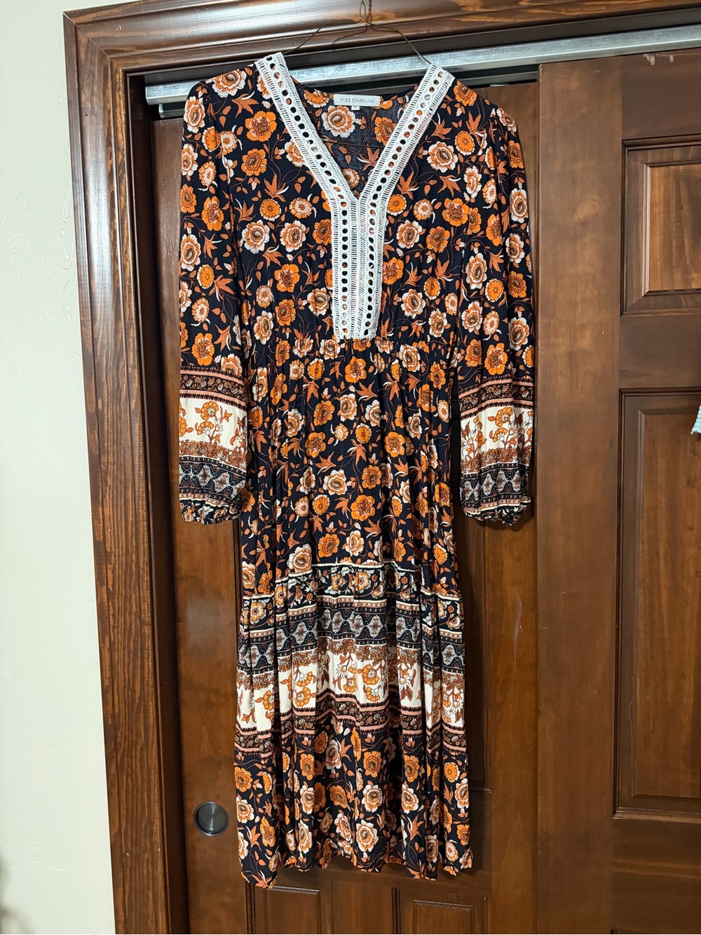 Women's Boho Floral Long-Sleeve Maxi Dress in Black and Orange